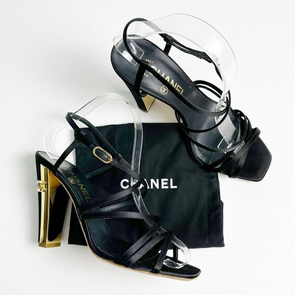 CHANEL Black Gold Heels Size 39 US 8.5 Interlocking CC Logo Slingback Sandal - Picture 3 of 13